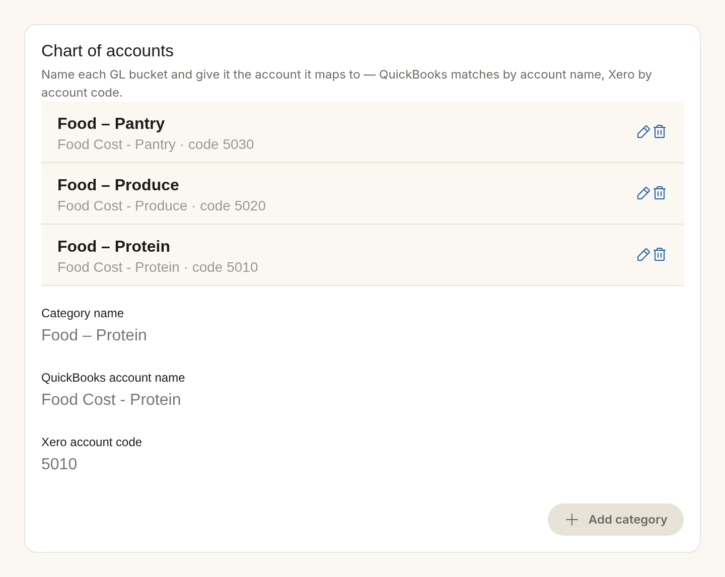 The Chart of accounts card listing three GL categories — Food – Pantry, Food – Produce, and Food – Protein — each showing its QuickBooks account name and Xero account code, above the form for adding another