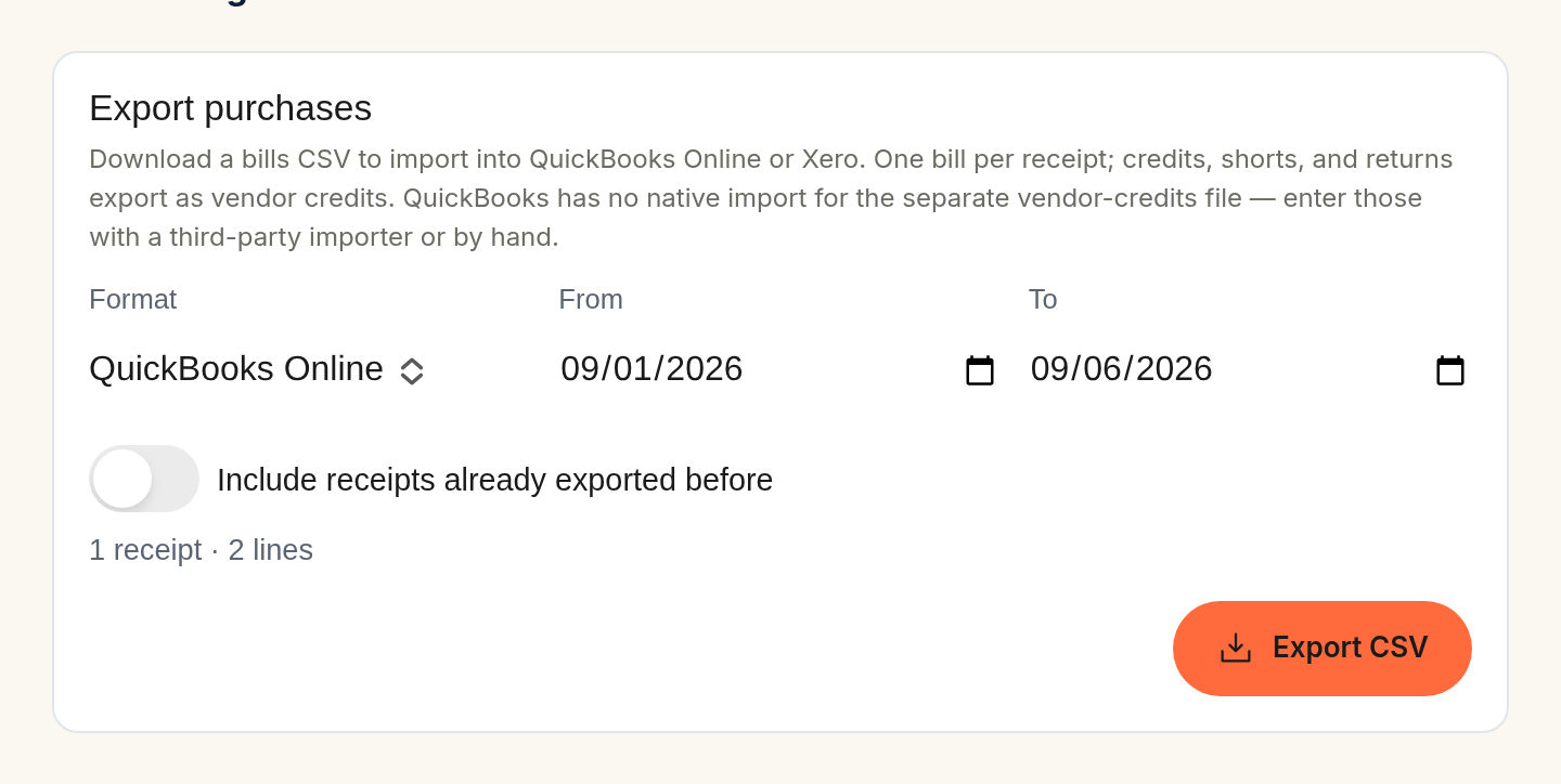 The Export purchases card with QuickBooks Online selected and a September date range, a preview line reading "1 receipt · 2 lines" beneath the Include receipts already exported before toggle, and an Export CSV button
