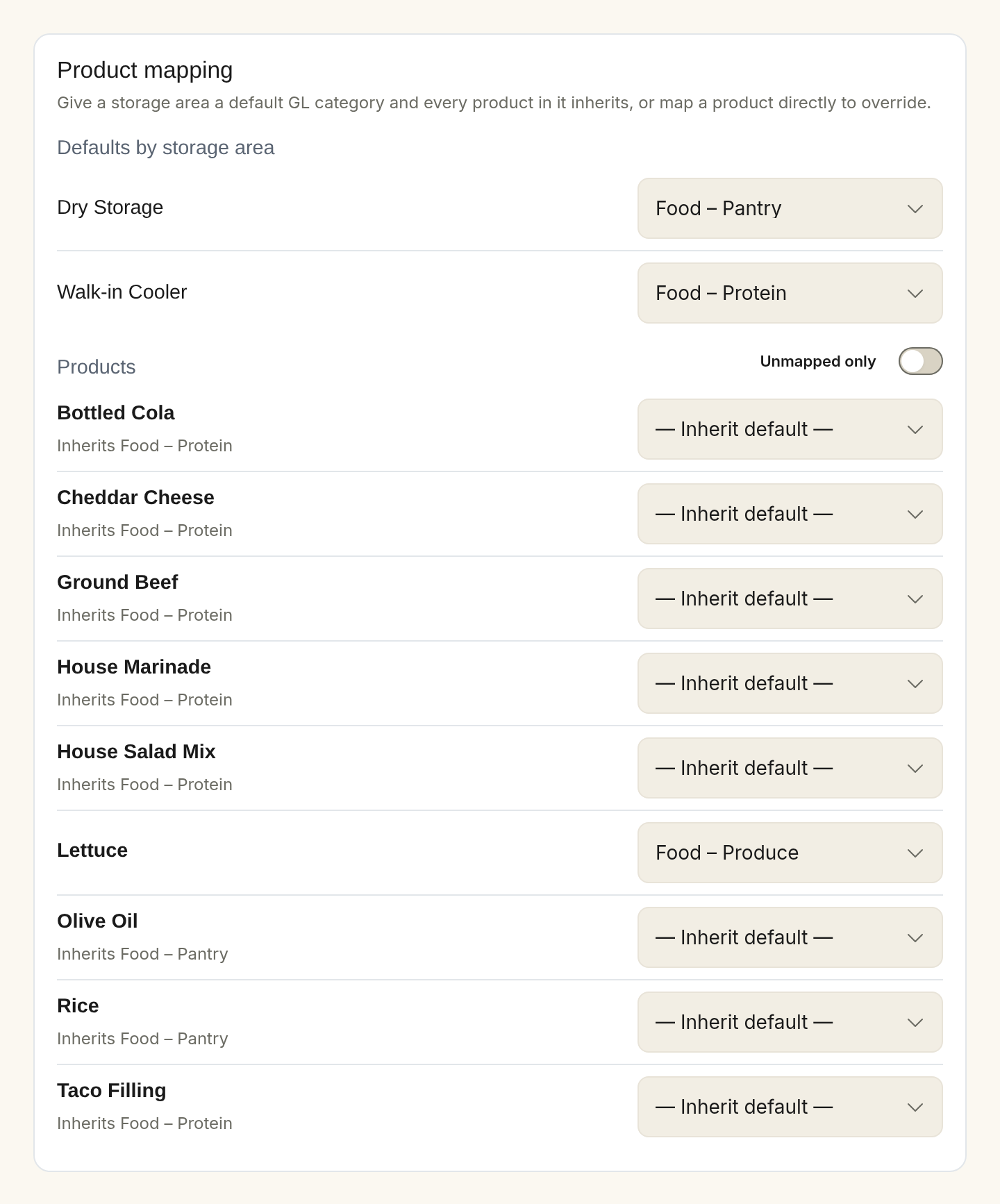 The Product mapping card: Dry Storage and Walk-in Cooler each set to a default GL category, with products below inheriting their storage area's default and Lettuce mapped directly to Food – Produce; an Unmapped only toggle sits above the product list