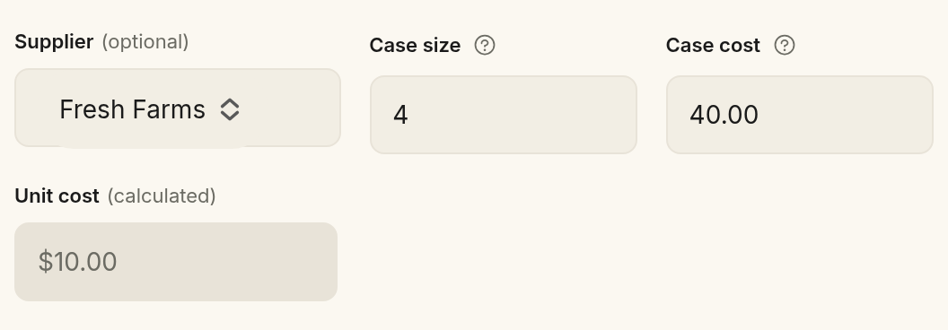 A product's edit form showing Case size 4 and Case cost 40.00, with the Unit cost (calculated) field below them greyed out and read-only at $10.00