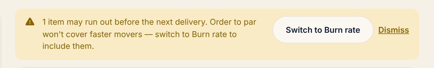 The Order list banner in Order to par mode: "1 item may run out before the next delivery", with a Switch to Burn rate button and a Dismiss link