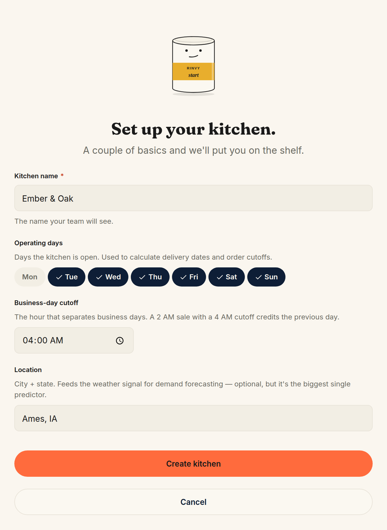 The kitchen setup form with the Kitchen name, Operating days, Business-day cutoff, and Location fields filled in