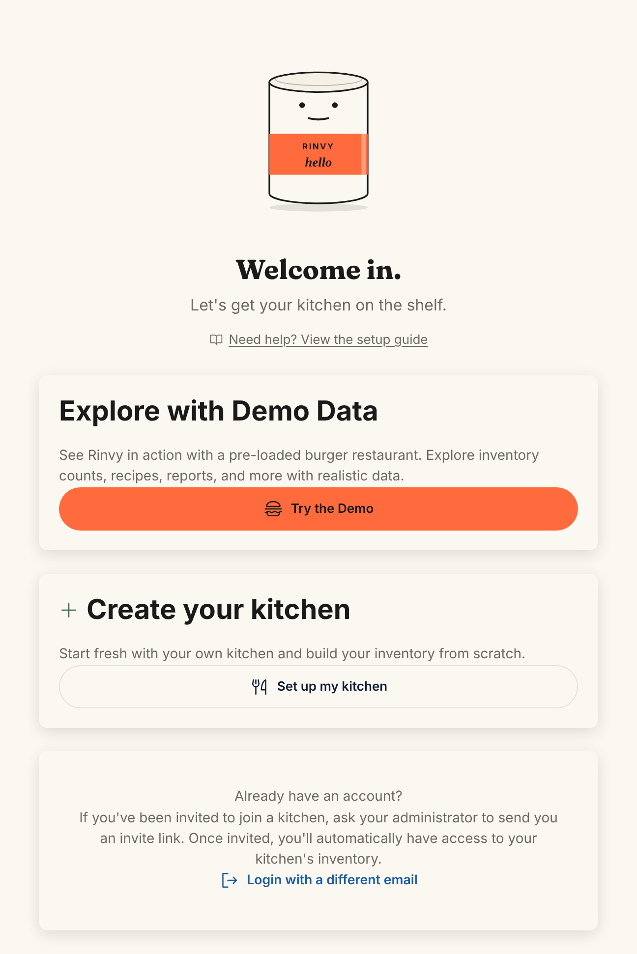 The first setup screen with the Explore with Demo Data card and its Try the Demo button, the Create your kitchen card and its Set up my kitchen button, and a Login with a different email link