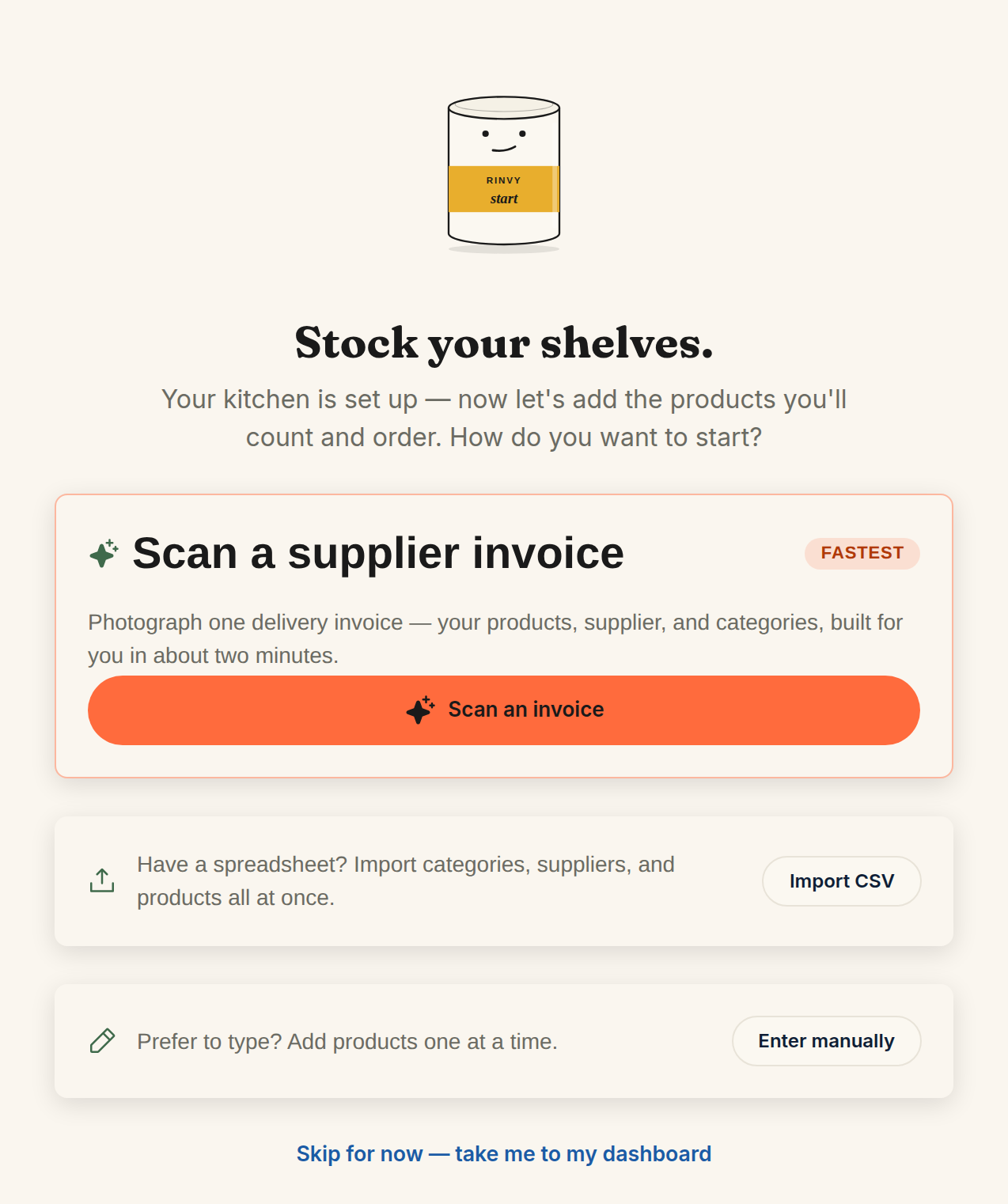 The Stock your shelves step offering Scan a supplier invoice, Import CSV, and Enter manually options