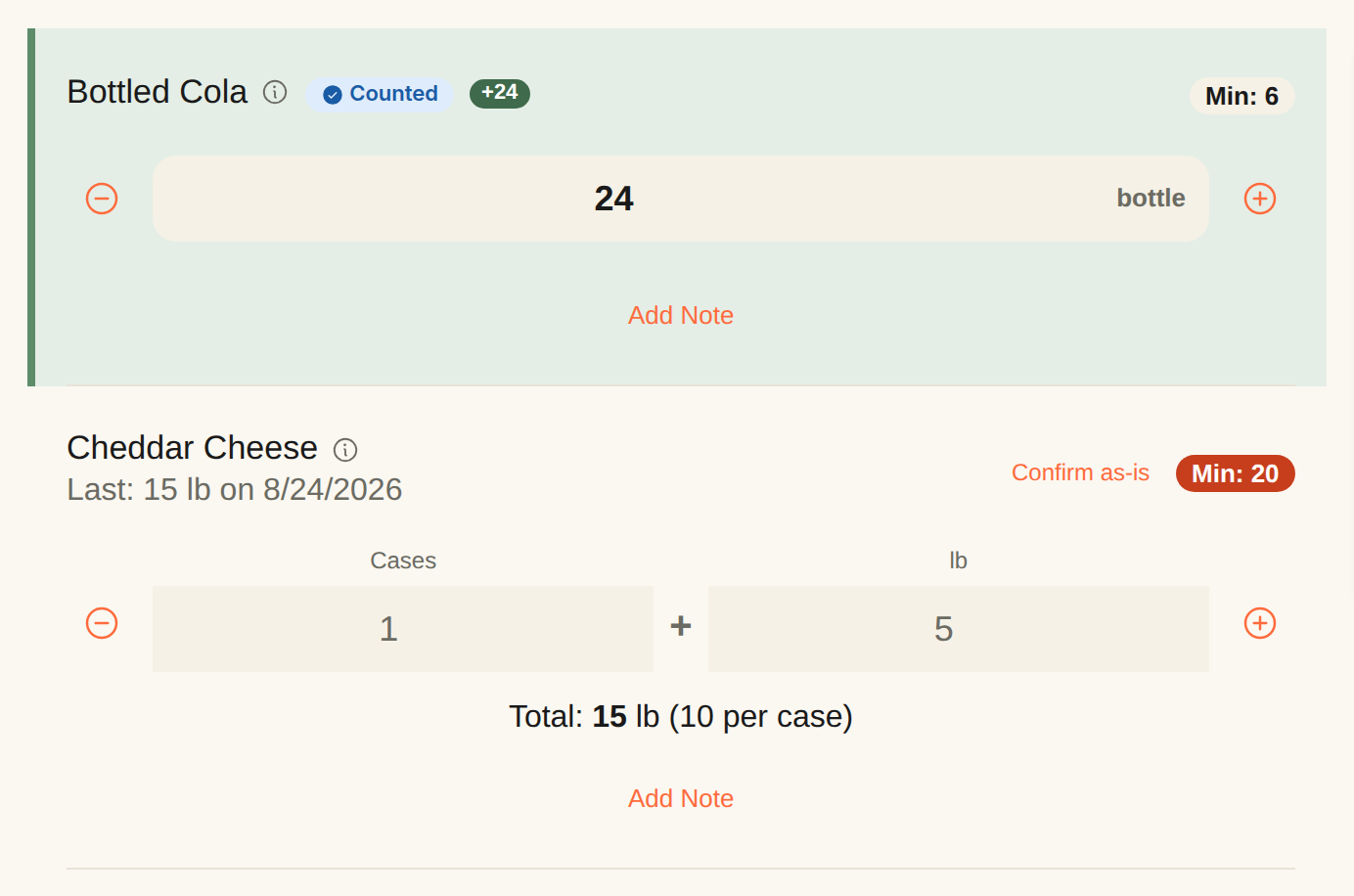 A count row with a single-unit input for Bottled Cola beside a Cases-plus-loose input for Cheddar Cheese that adds up to a running total of 15 lb