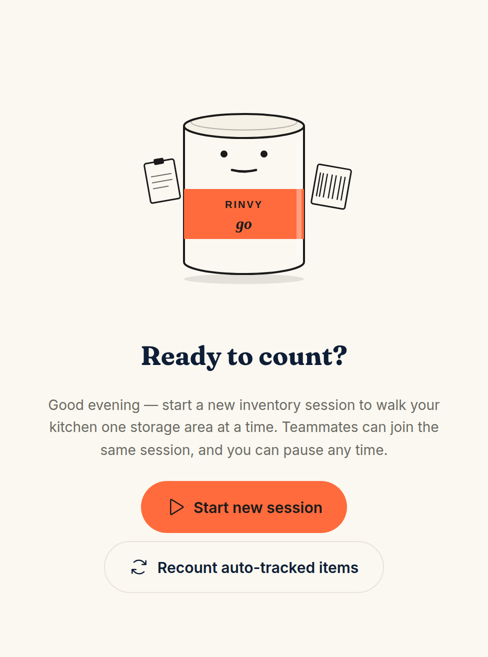 The inventory count start screen with a Ready to count heading and a persimmon Start new session button above a Recount auto-tracked items button