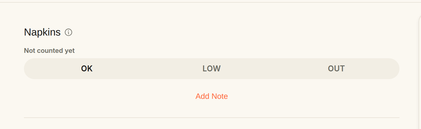 A status-tracked Napkins row with an OK, LOW, and OUT button toggle and no quantity input