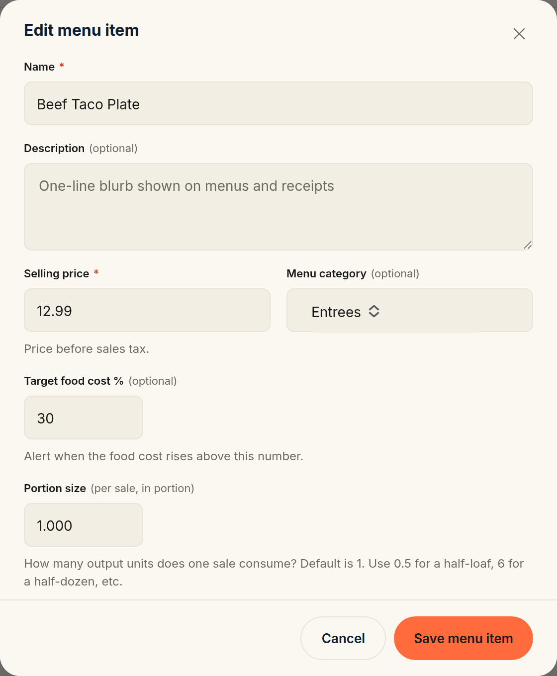 The Edit menu item dialog with the Target food cost % field set to 30