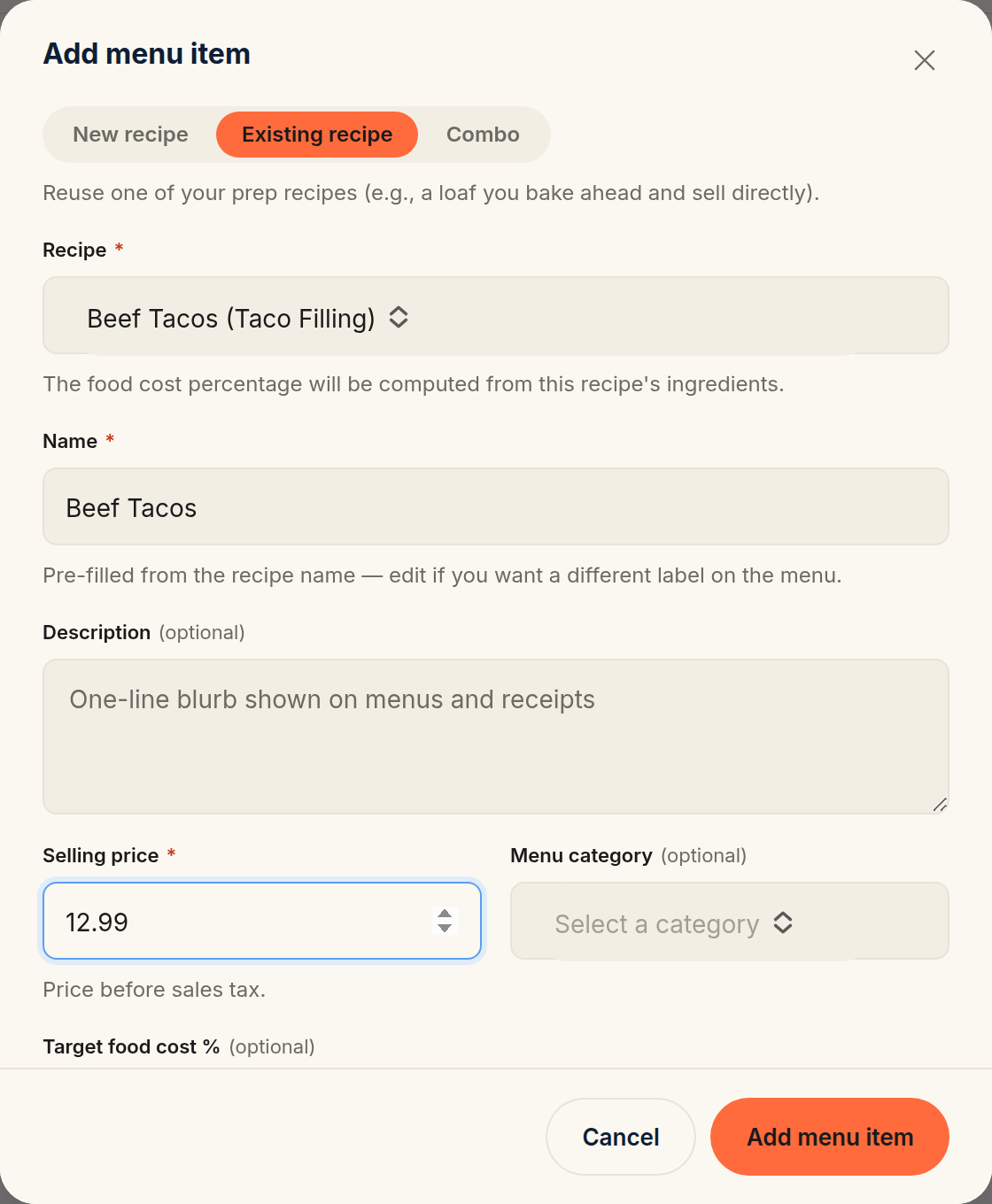 The Add menu item form with the Existing recipe tab selected, showing the Recipe, Name, Description, Selling price, and Menu category fields
