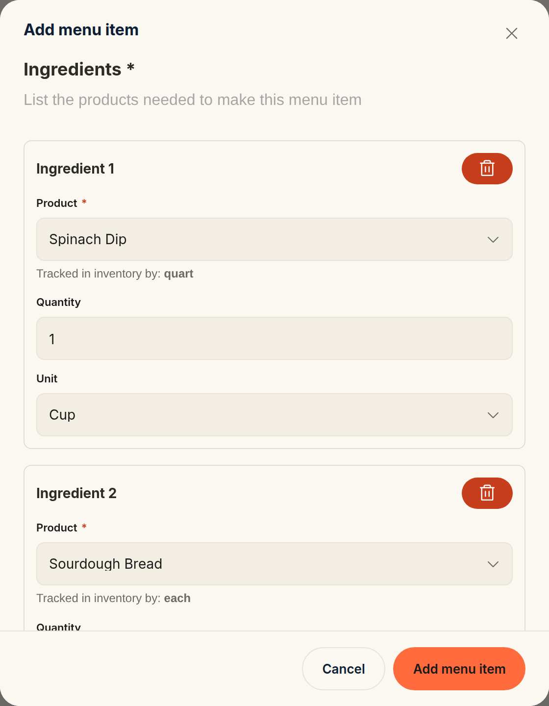 The Ingredients section of the Add menu item form, with 1 cup of Spinach Dip, a prep item tracked in quarts, as the first ingredient and Sourdough Bread as the second