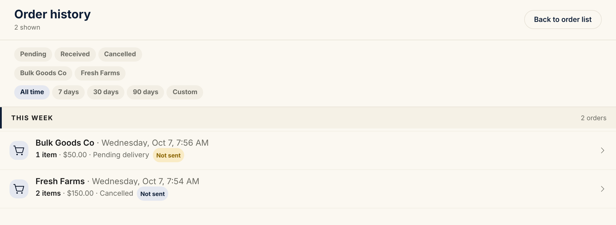 Order history with the Pending, Received and Cancelled status chips, a chip for each supplier, and the date-range chips above a This week group that lists a pending Bulk Goods Co order and a cancelled Fresh Farms order