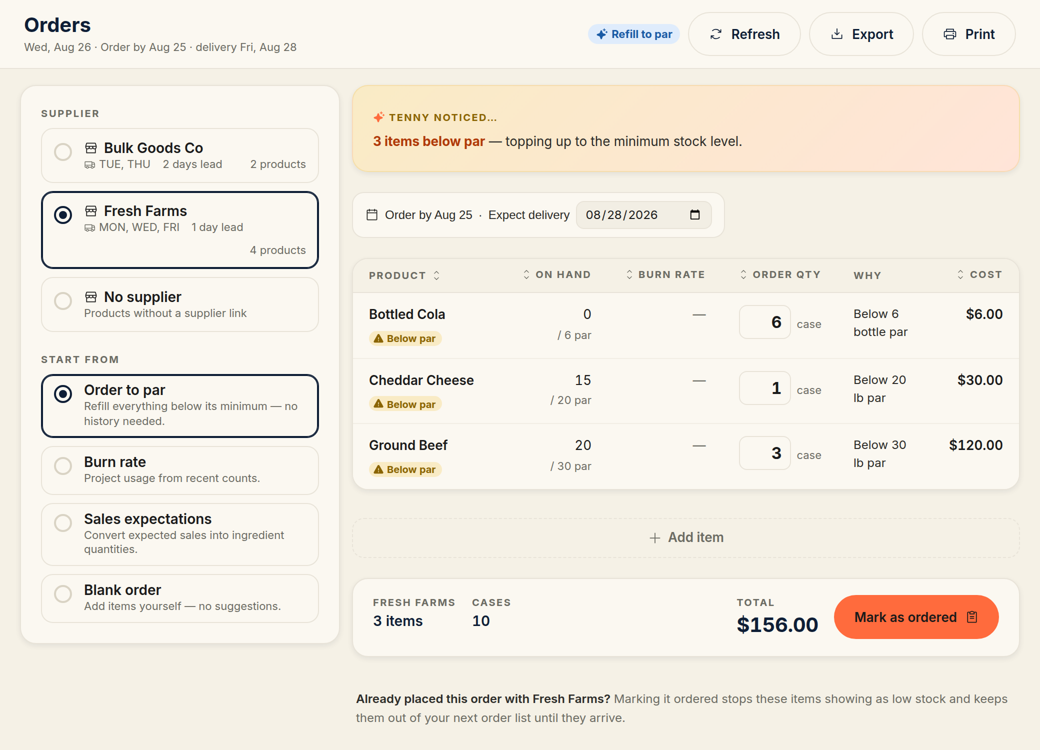 The order list for Fresh Farms: the supplier rail and Start-from modes on the left, three below-par products with suggested case quantities in the main pane, and the order total above the Mark as ordered button