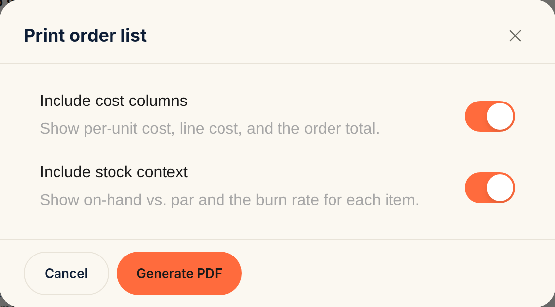 The Print order list dialog with the Include cost columns and Include stock context toggles, both switched on, above the Cancel and Generate PDF buttons