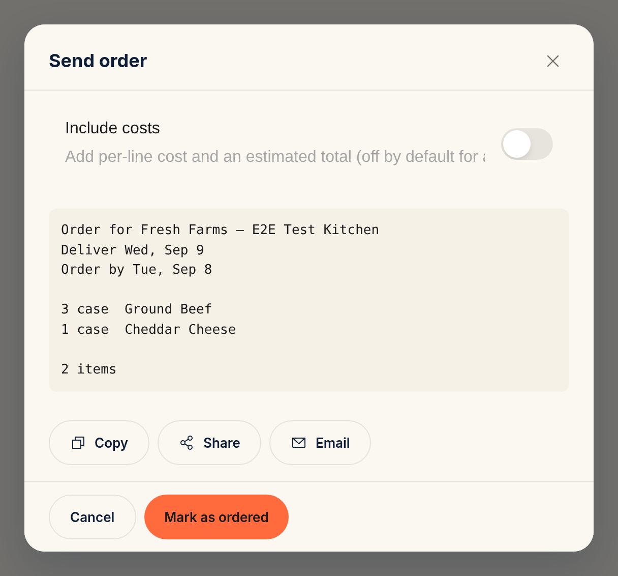 The Send order sheet for a Fresh Farms draft: an Include costs toggle off, the order rendered as plain text (deliver and order-by dates, then the line items), and Copy, Share, and Email buttons above the Mark as ordered button