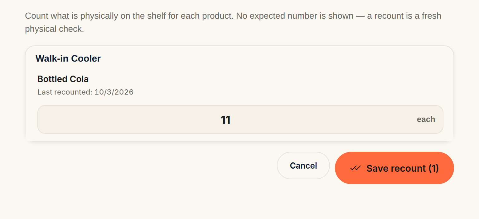 The Recount auto-tracked items page with a count of 11 entered for Bottled Cola under Walk-in Cooler, and the Save recount (1) button