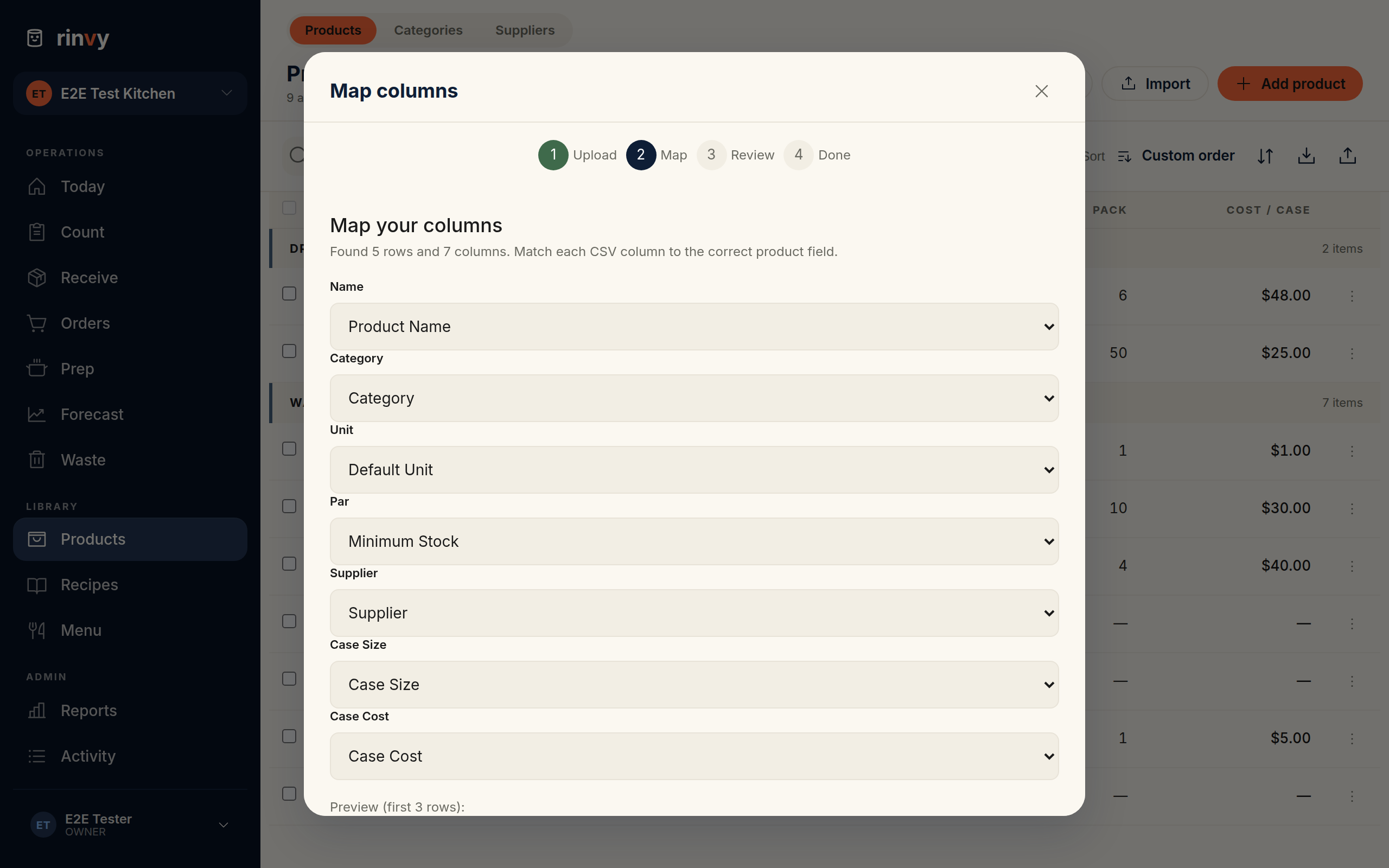 The Map columns step, with each CSV header auto-matched to a product field and the Par column recognized as Minimum Stock