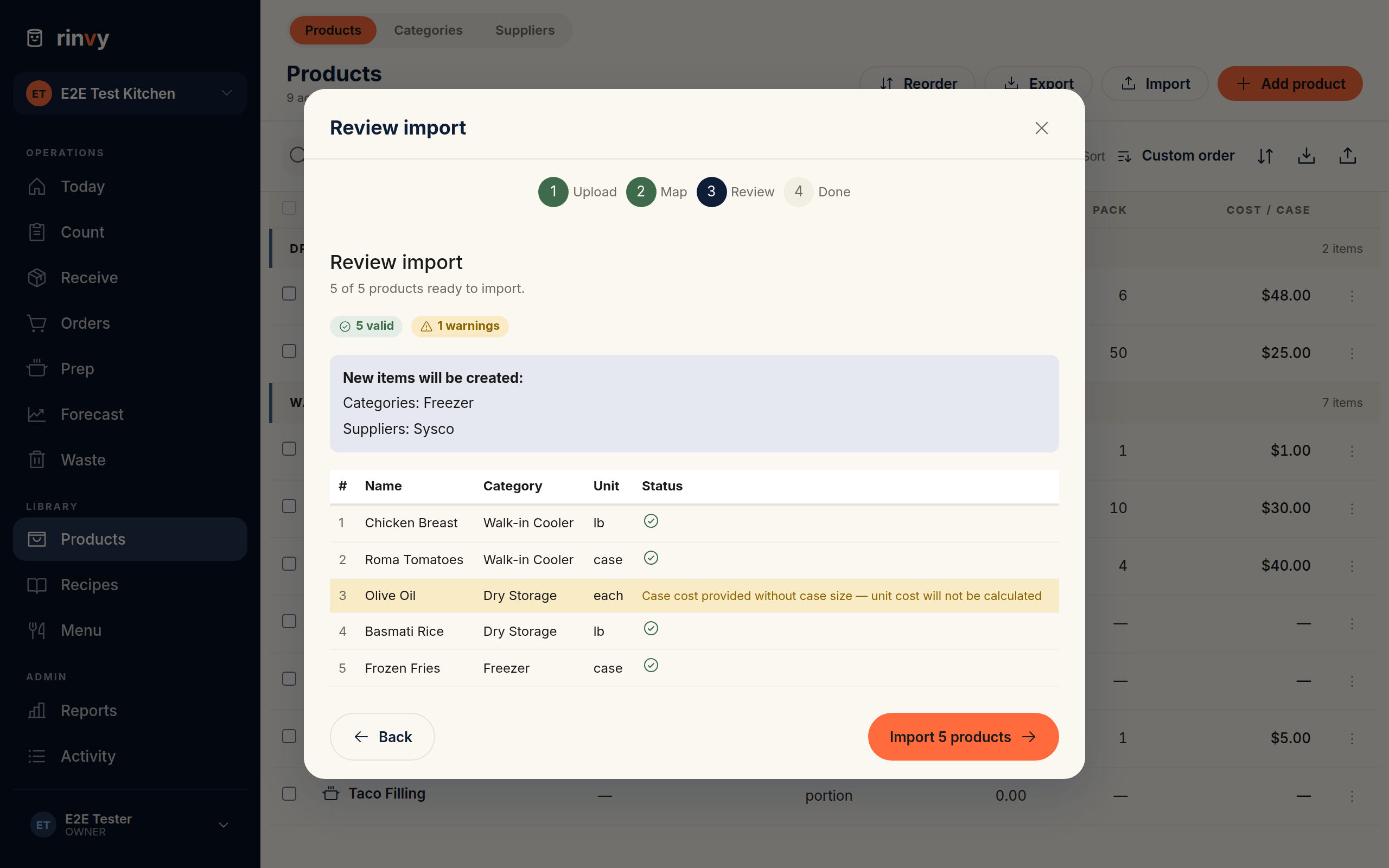 The Review import step showing five valid rows, a warning on the Olive Oil row for a case cost with no case size, and the new Freezer category and Sysco supplier that will be created