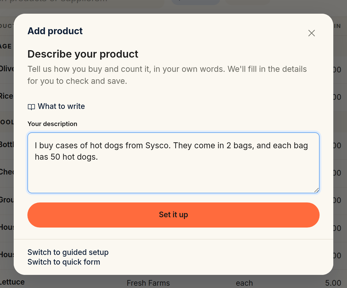 The Describe it screen with the hot dog example typed in Your description, above the Set it up button