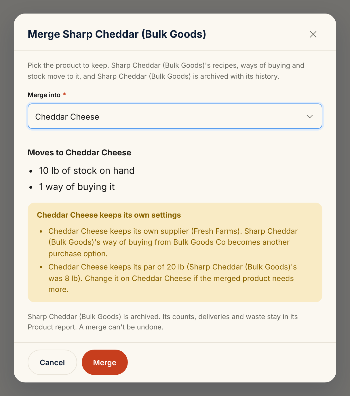 The Merge sheet for Sharp Cheddar (Bulk Goods) with Cheddar Cheese picked in the Merge into field. Under "Moves to Cheddar Cheese" it lists 10 lb of stock on hand and 1 way of buying it. A yellow "Cheddar Cheese keeps its own settings" box names the kept supplier and par. The Merge button is at the bottom.