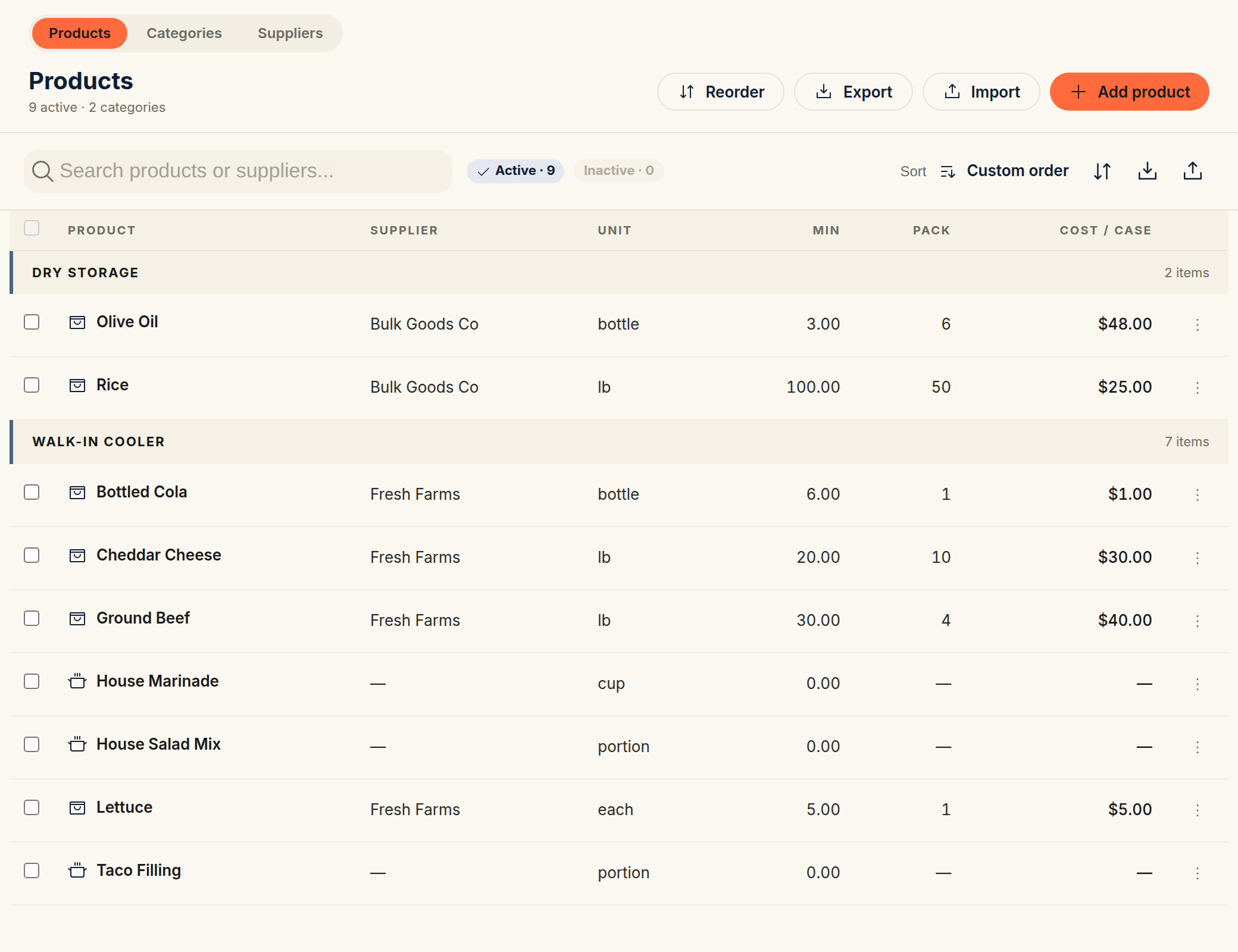 The Products page listing the catalog grouped by storage category, with Supplier, Unit, Min, Pack, and Cost / Case columns for each product