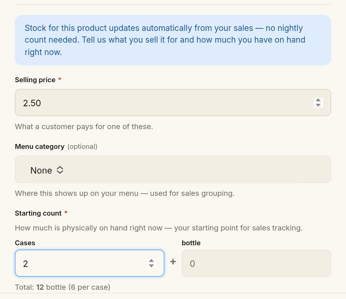 The Auto-tracked setup panel: a required Selling price field, an optional Menu category, and a Starting count entered as cases plus loose units