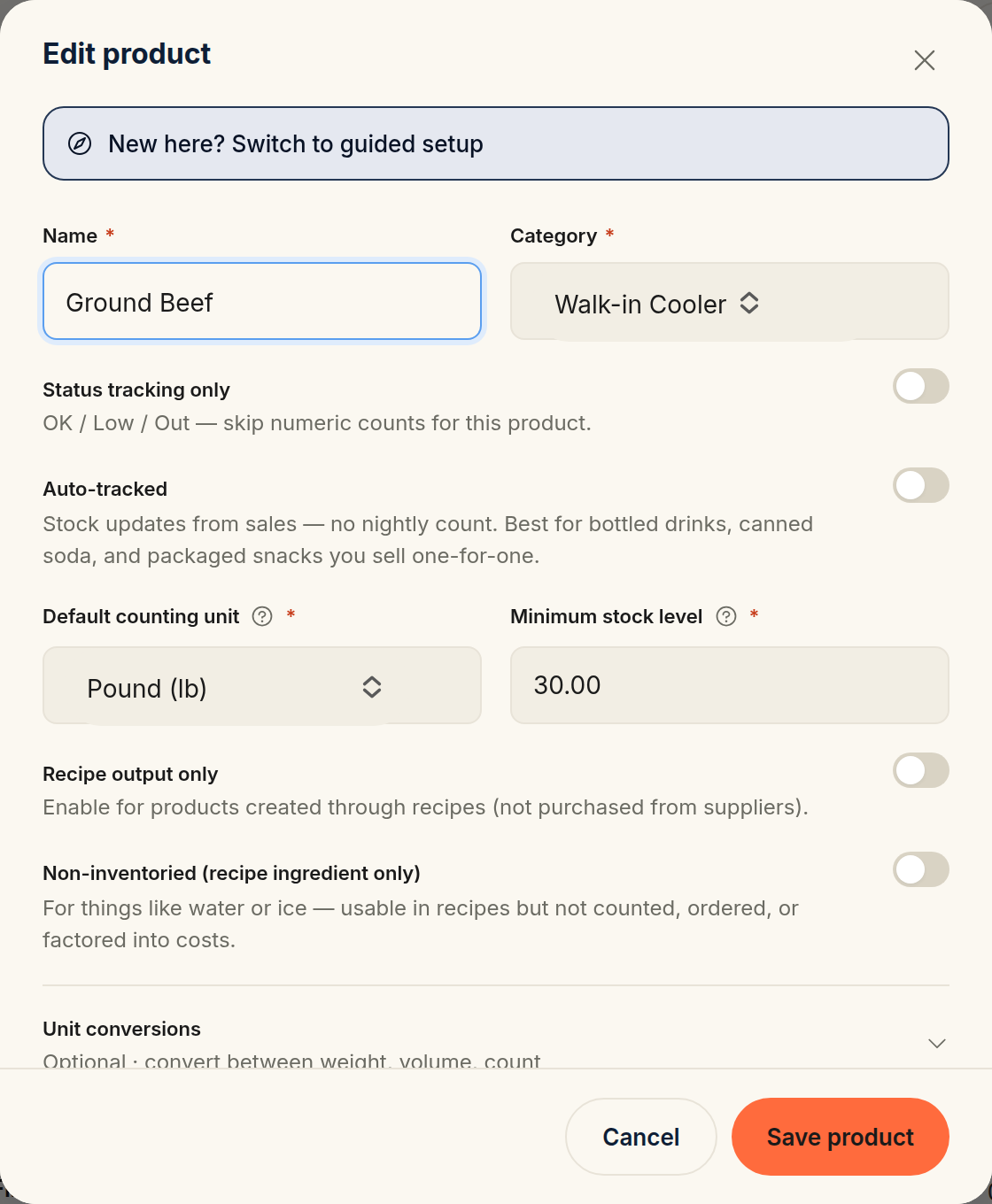 The Edit product form with the Status tracking only, Auto-tracked, Recipe output only, and Non-inventoried toggles all switched off — the quantity-tracked default