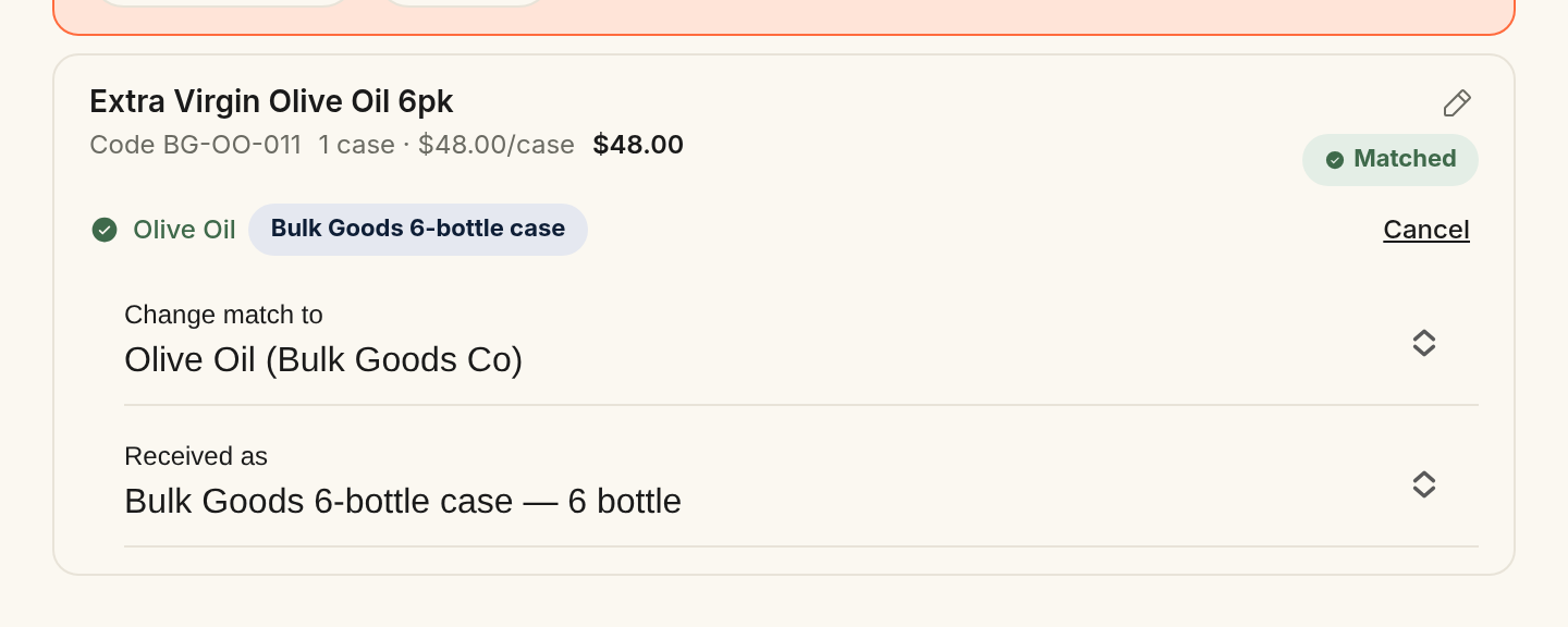 The invoice review's matched Olive Oil line with its Change controls expanded, the Received as picker set to Bulk Goods 6-bottle case — 6 bottle and a pack chip beside the product name