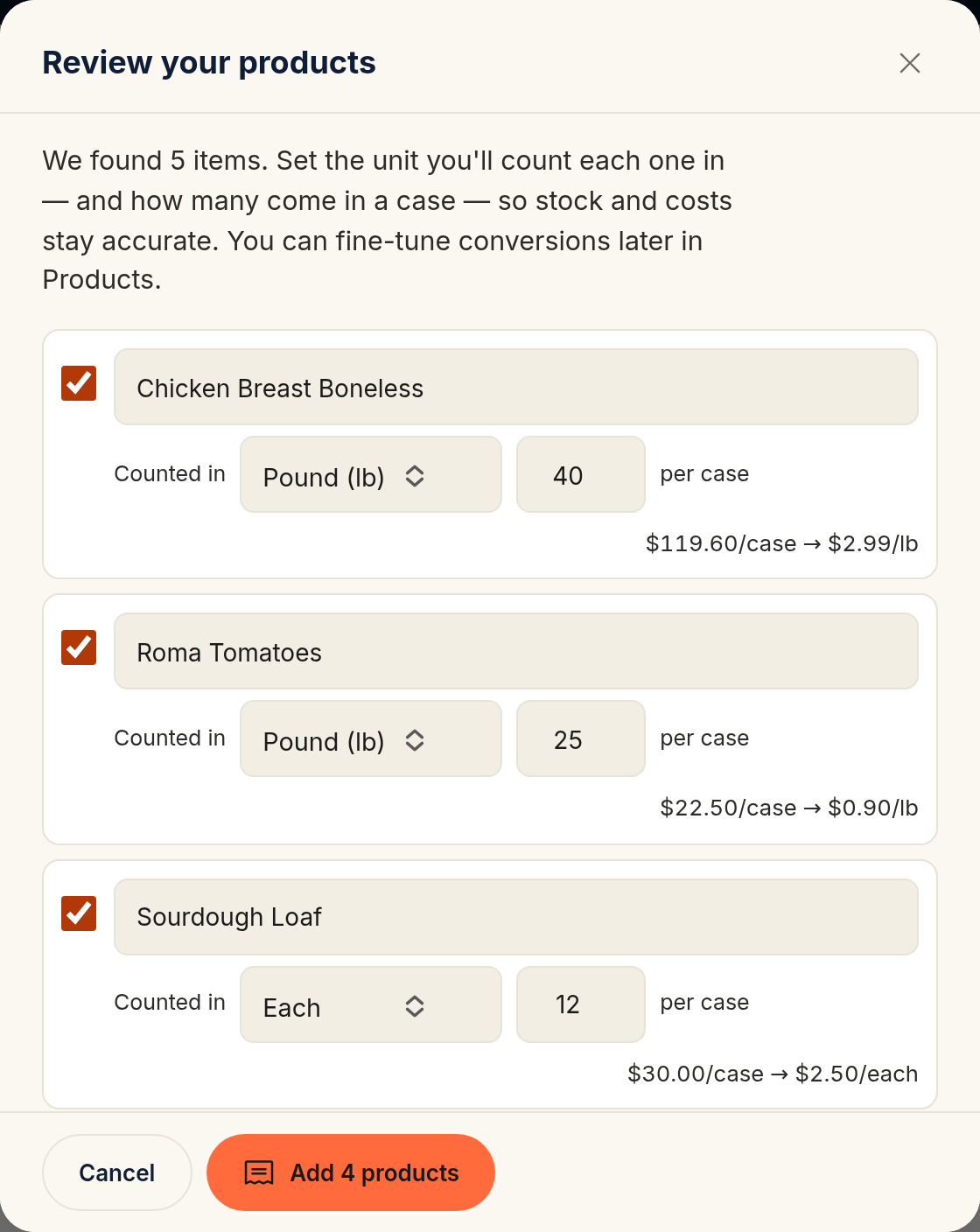 The invoice review screen listing parsed products, each with a Counted in unit selector, a per-case count, and a per-unit cost hint such as $119.60/case to $2.99/lb