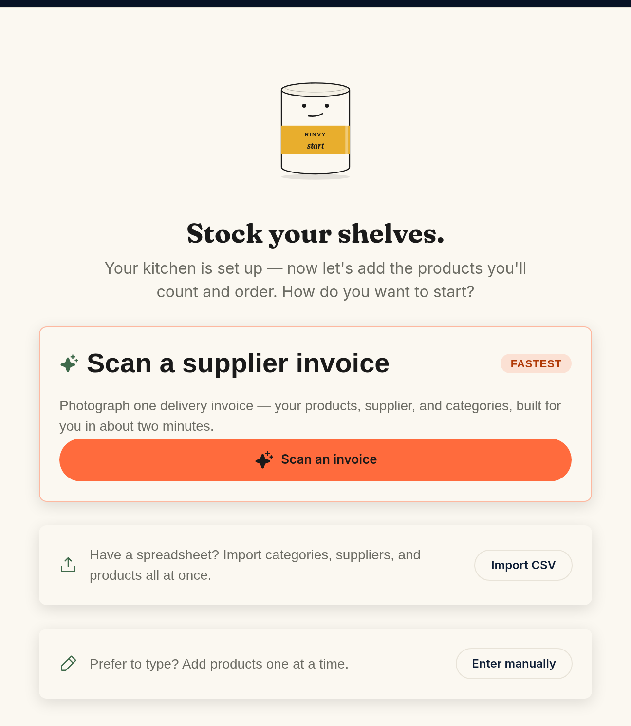 The post-setup Stock your shelves step with Scan a supplier invoice as the recommended Fastest option, above Import CSV and Enter manually