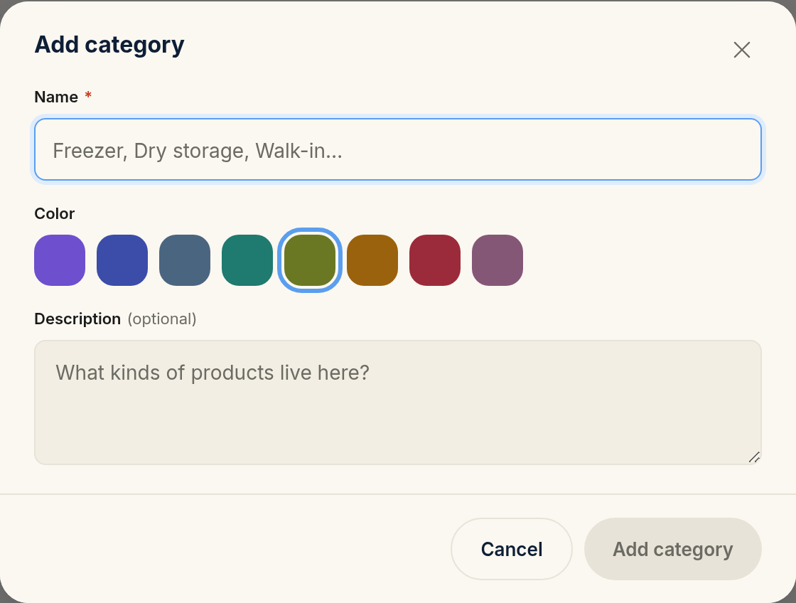 The Add category form with a required Name field, a row of color swatches, and an optional Description box