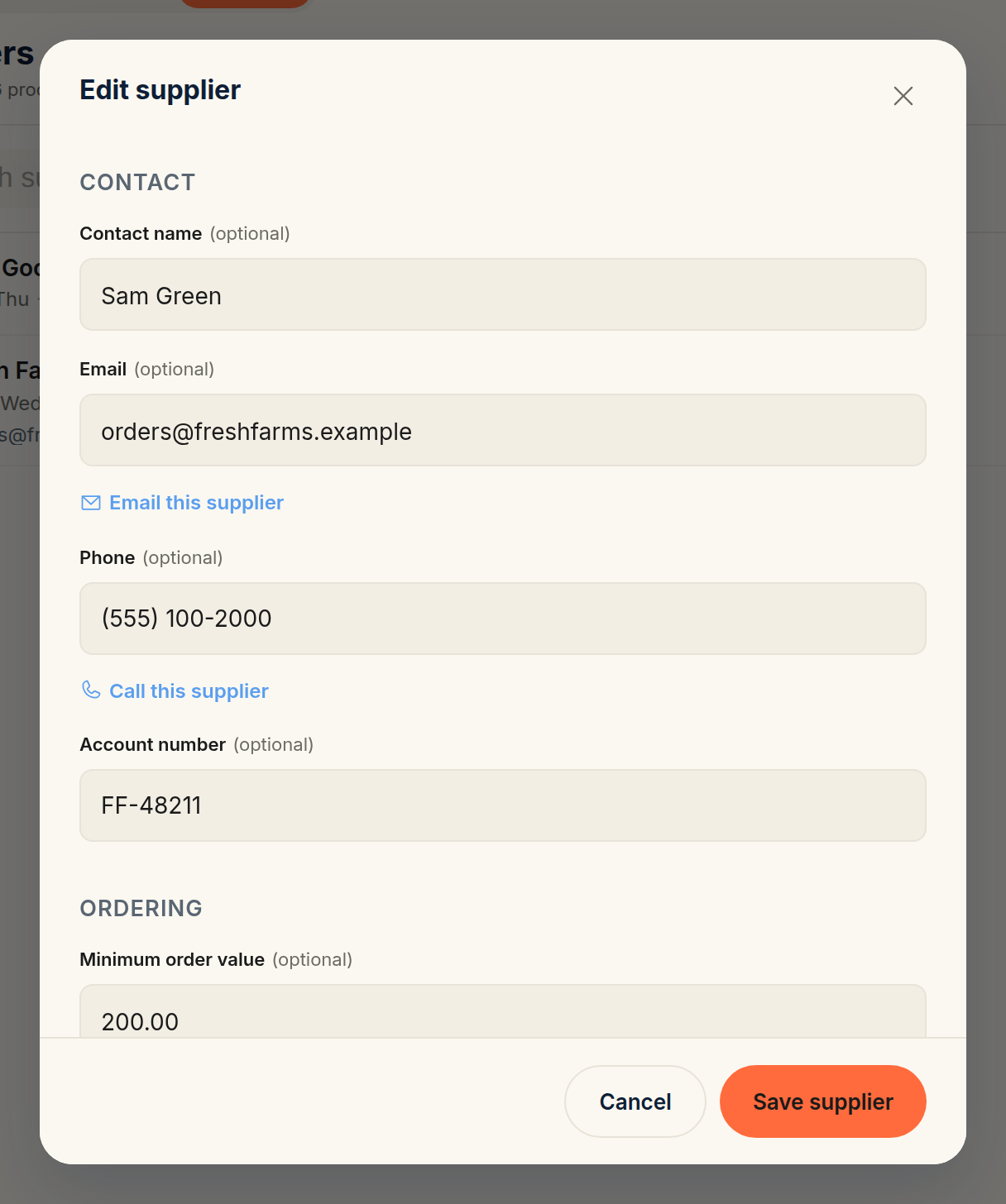 The lower half of the Edit supplier form: a Contact section with Contact name, Email, Phone, and Account number fields, then an Ordering section with the Minimum order value field set to 200.00