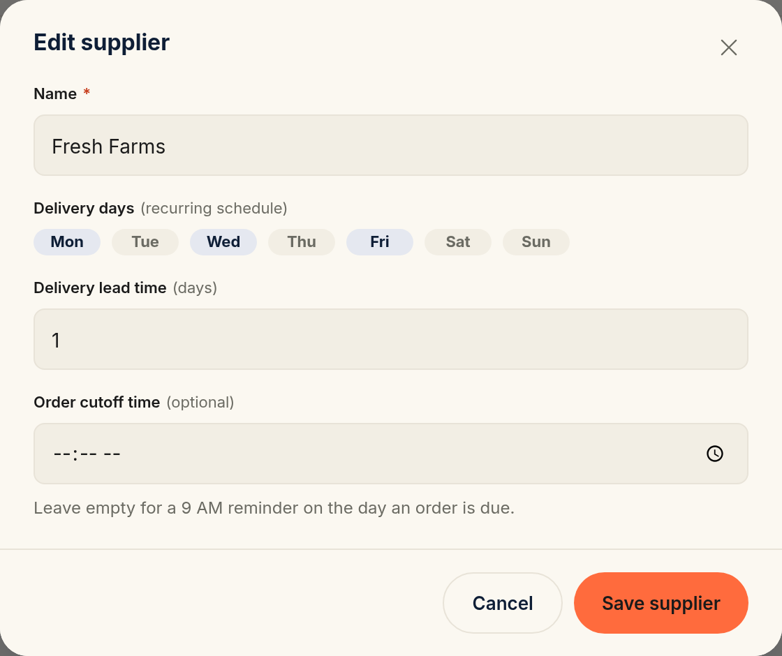 The Edit supplier form showing the Name, Delivery days weekday chips (Mon, Wed, Fri selected), Delivery lead time, and Order cutoff time fields
