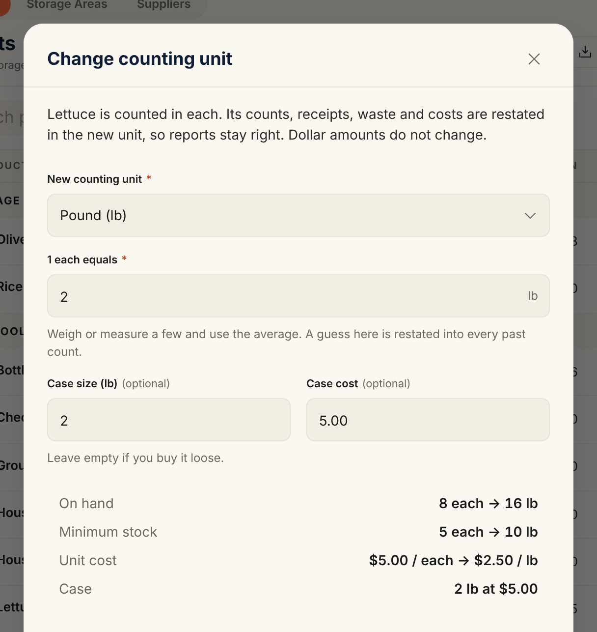 The Change counting unit sheet for Lettuce, changing from each to lb at 1 each = 2 lb, with a 2 lb case and a preview: On hand 8 each → 16 lb, Minimum stock 5 each → 10 lb, Unit cost $5.00 / each → $2.50 / lb