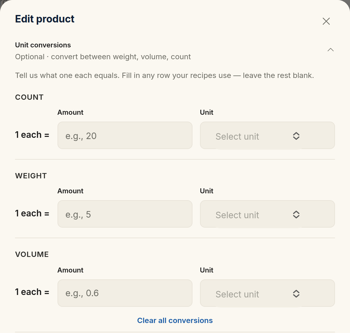 The Unit conversions section for a product counted in each, showing three independent rows — Count, Weight, and Volume — each reading "1 each =" with an amount field and a unit picker, plus a Clear all conversions link
