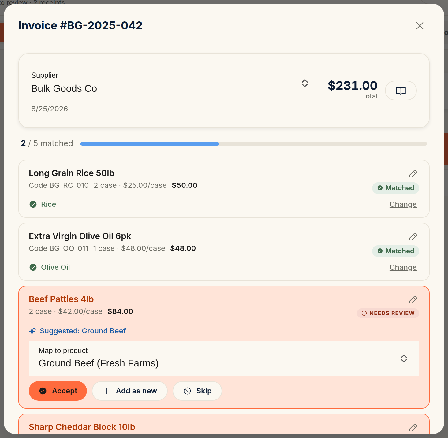 The invoice review screen for one delivery: two lines carry a green Matched badge and are mapped to Rice and Olive Oil, while a Beef Patties line is flagged Needs review with a suggested product, a Map to product dropdown, and Accept, Add as new, and Skip buttons.