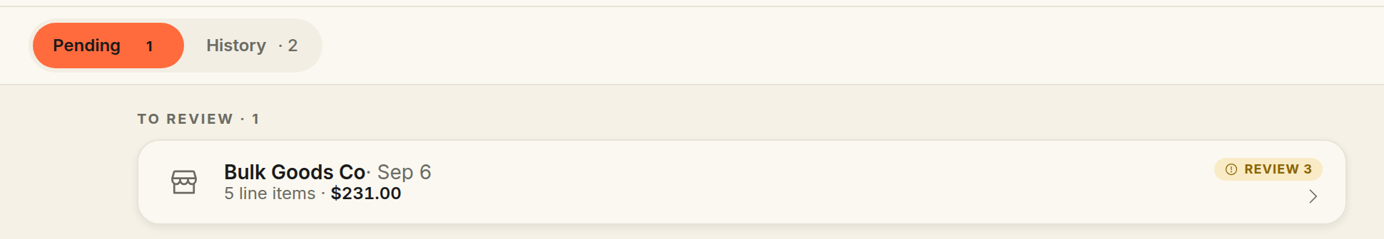 The Receive screen's Pending tab with one parsed invoice waiting in the review queue: a Bulk Goods Co delivery dated Sep 6, 5 line items totalling $231.00, tagged REVIEW 3 for the three lines that still need a product match.