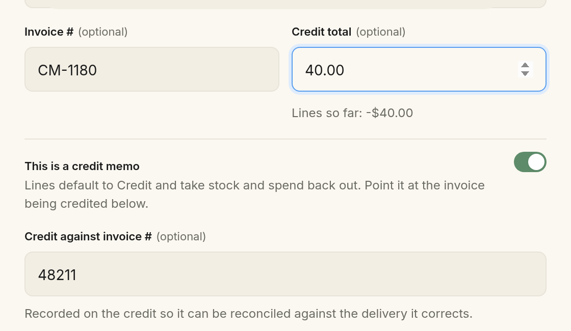 The receive form in credit-memo mode: the "This is a credit memo" toggle switched on, the money field relabeled Credit total, and a Credit against invoice # field pointing at the original invoice