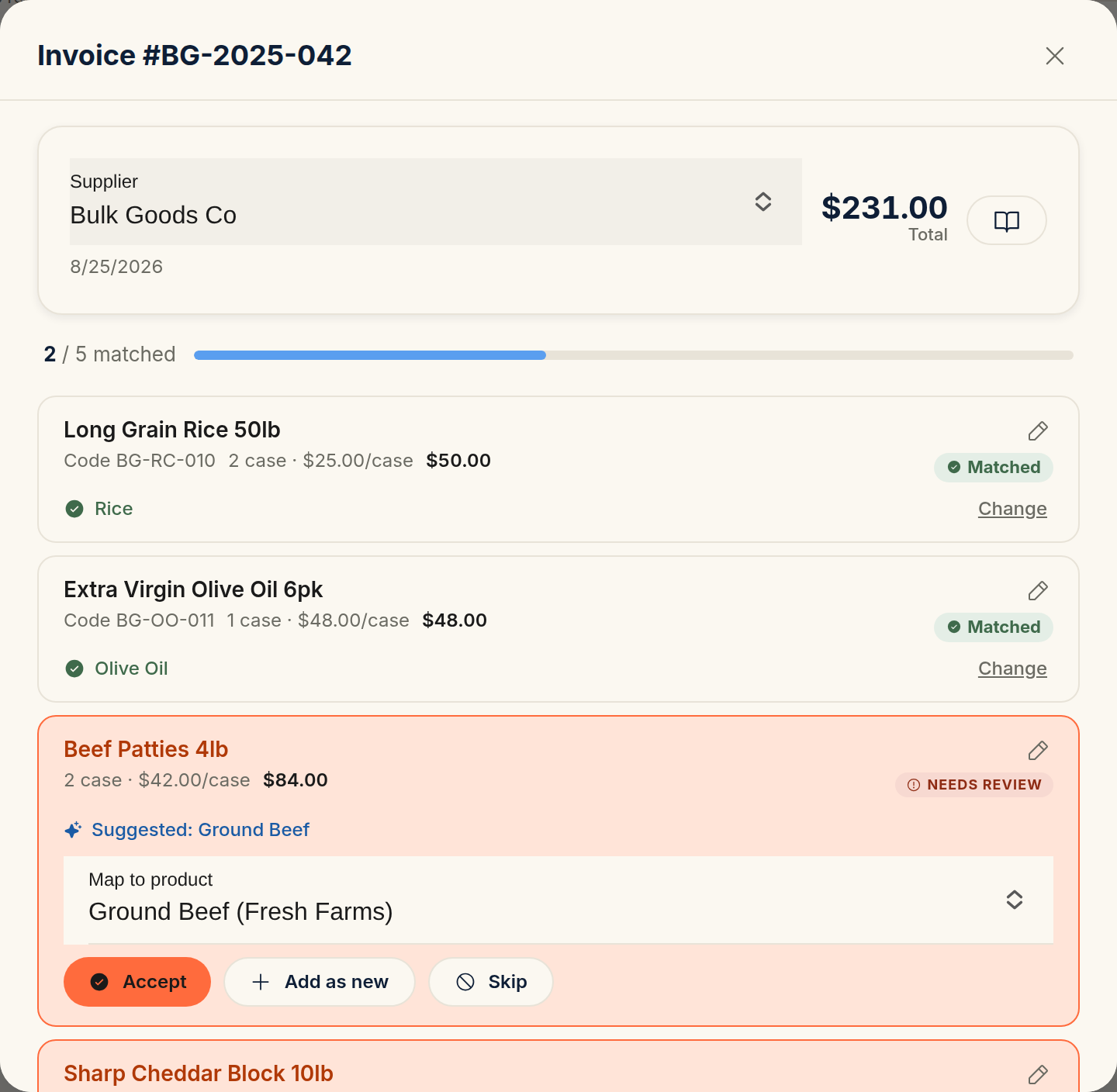 Invoice review screen listing five parsed line items: two green Matched rows (Rice, Olive Oil) and a red Needs review row (Beef Patties) with a suggested product and Accept, Add as new, and Skip buttons, above a "2 of 5 matched" progress bar