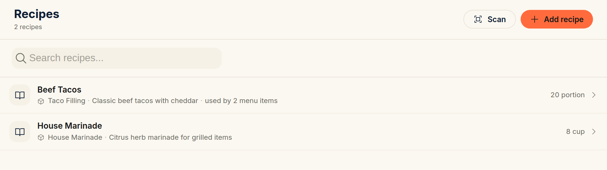 The Recipes page with the Scan and Add recipe buttons in the top-right corner