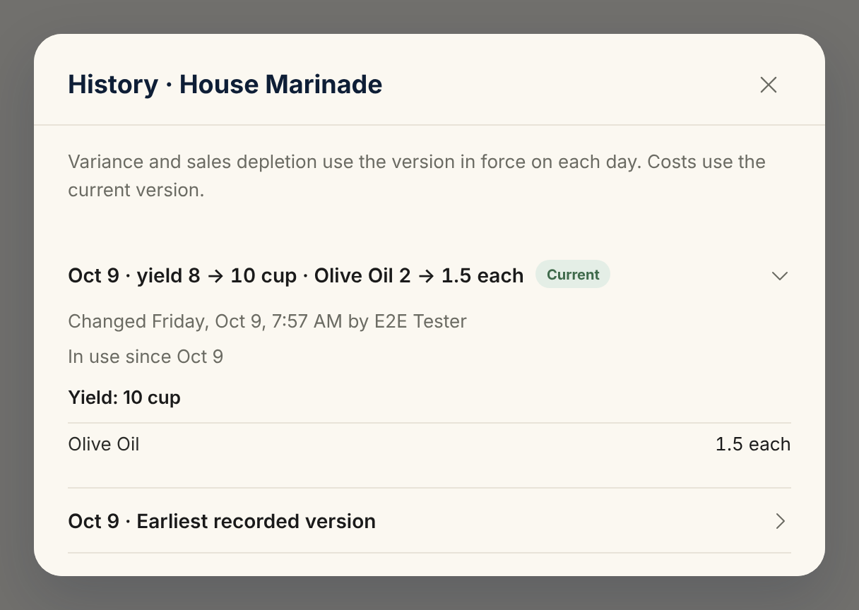 The History sheet for House Marinade. The top line, "yield 8 → 10 cup · Olive Oil 2 → 1.5 each", is marked Current and is open to show who changed it, the date it came into use, the yield and the ingredient list. The earliest recorded version is below it