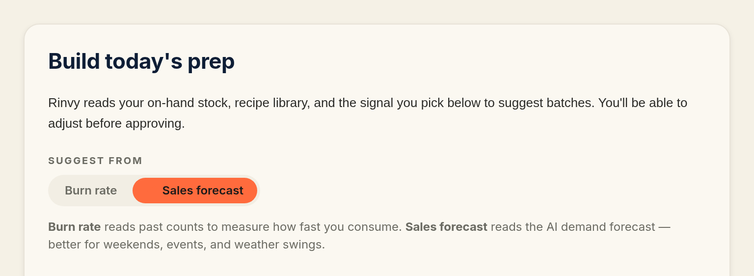 The prep generator's Suggest from selector with Sales forecast chosen instead of Burn rate