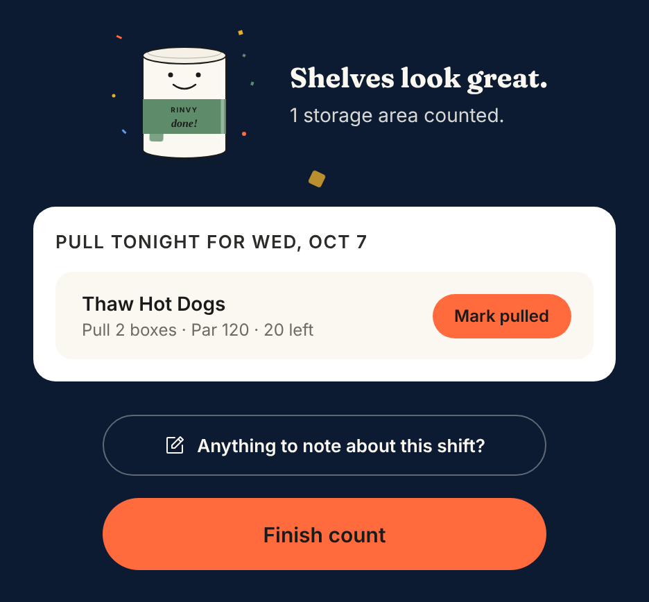 The count completion screen with a "Pull tonight" card: Thaw Hot Dogs, "Pull 2 boxes · Par 120 · 20 left", and a Mark pulled button