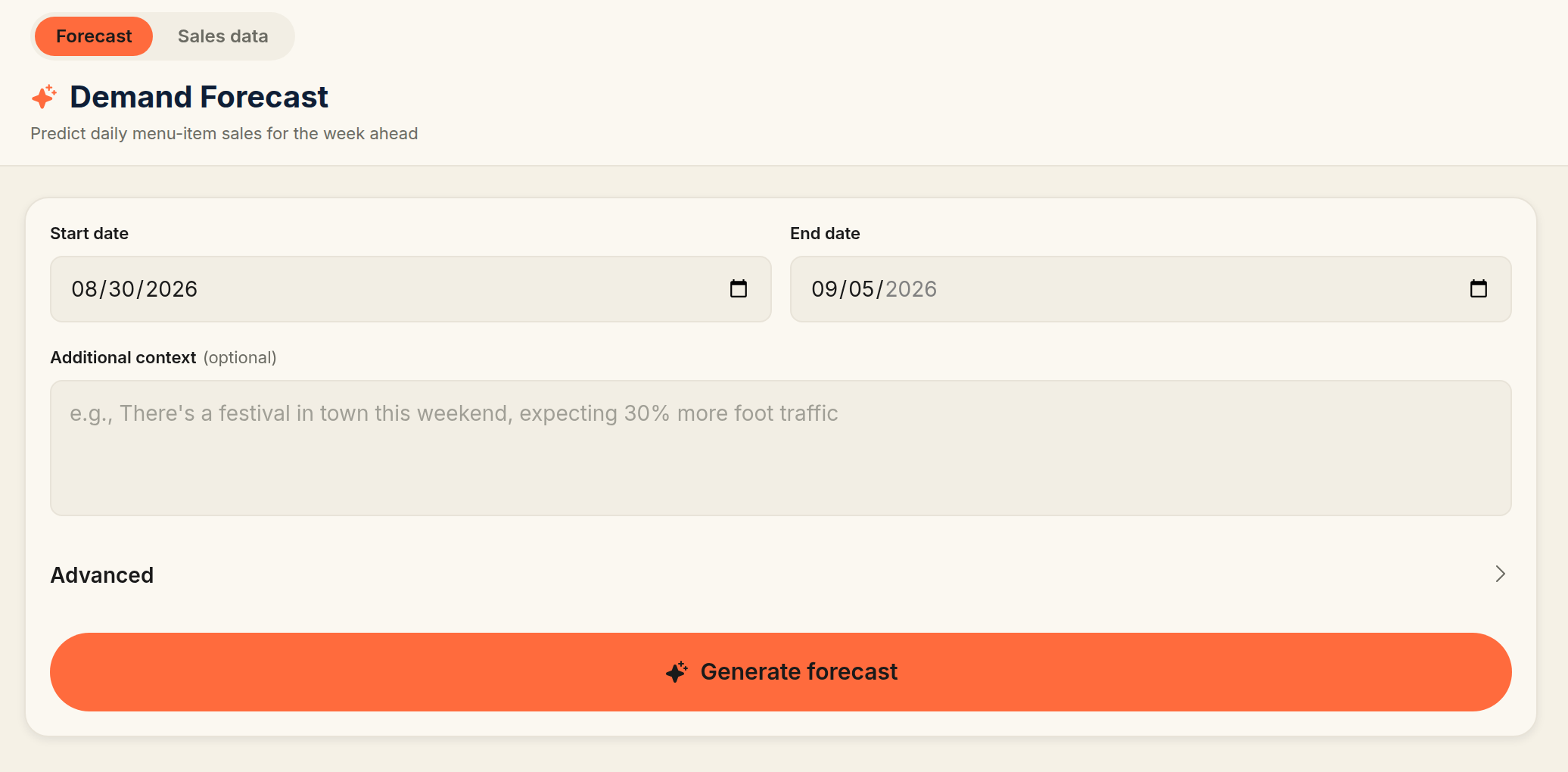 The Demand Forecast page's configuration form: Start date and End date pickers, the Additional context field with a placeholder example, an Advanced section, and the Generate forecast button
