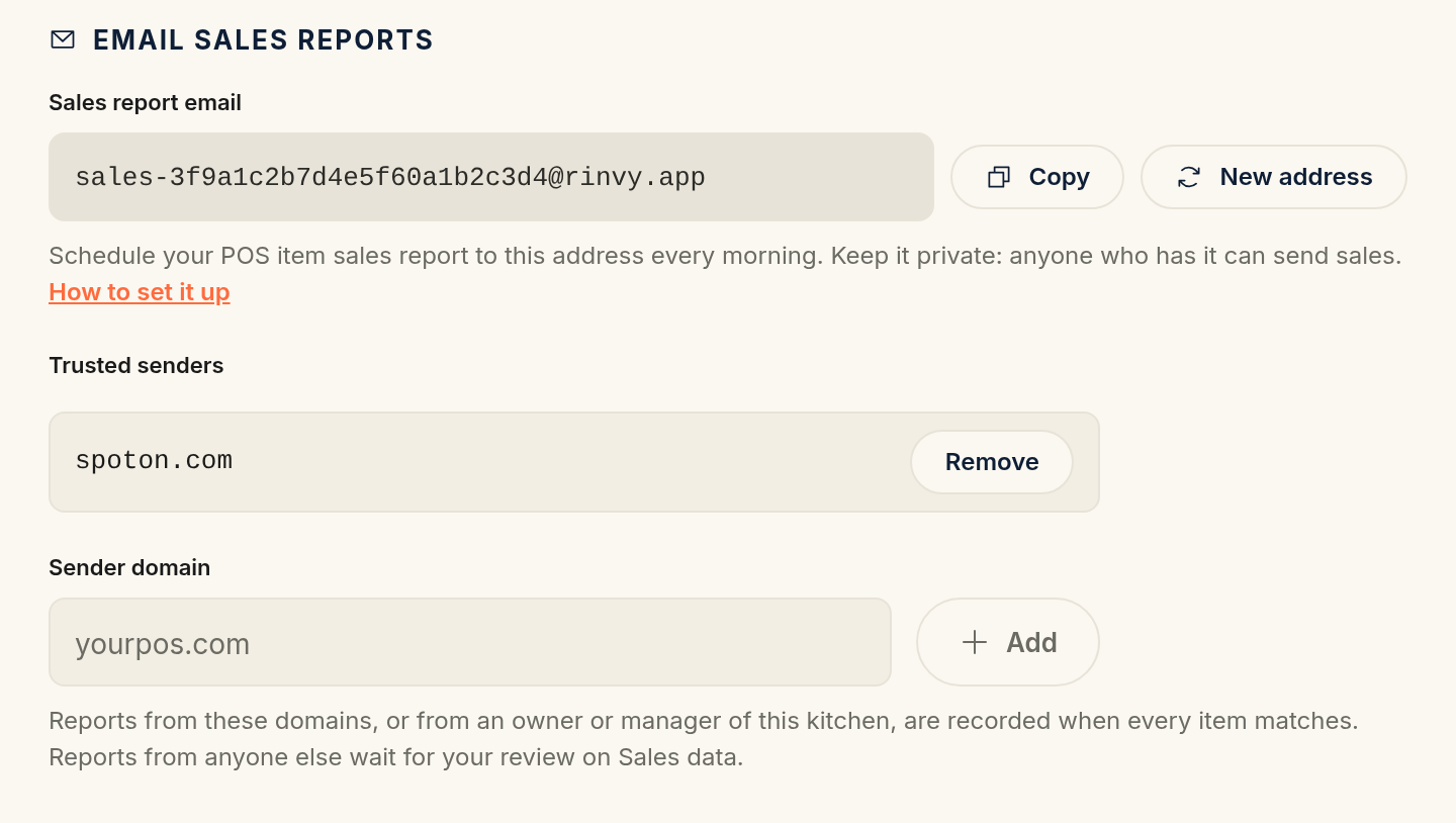 The Email sales reports section in Kitchen Settings, with the sales report address, the Copy and New address buttons, and spoton.com in the Trusted senders list