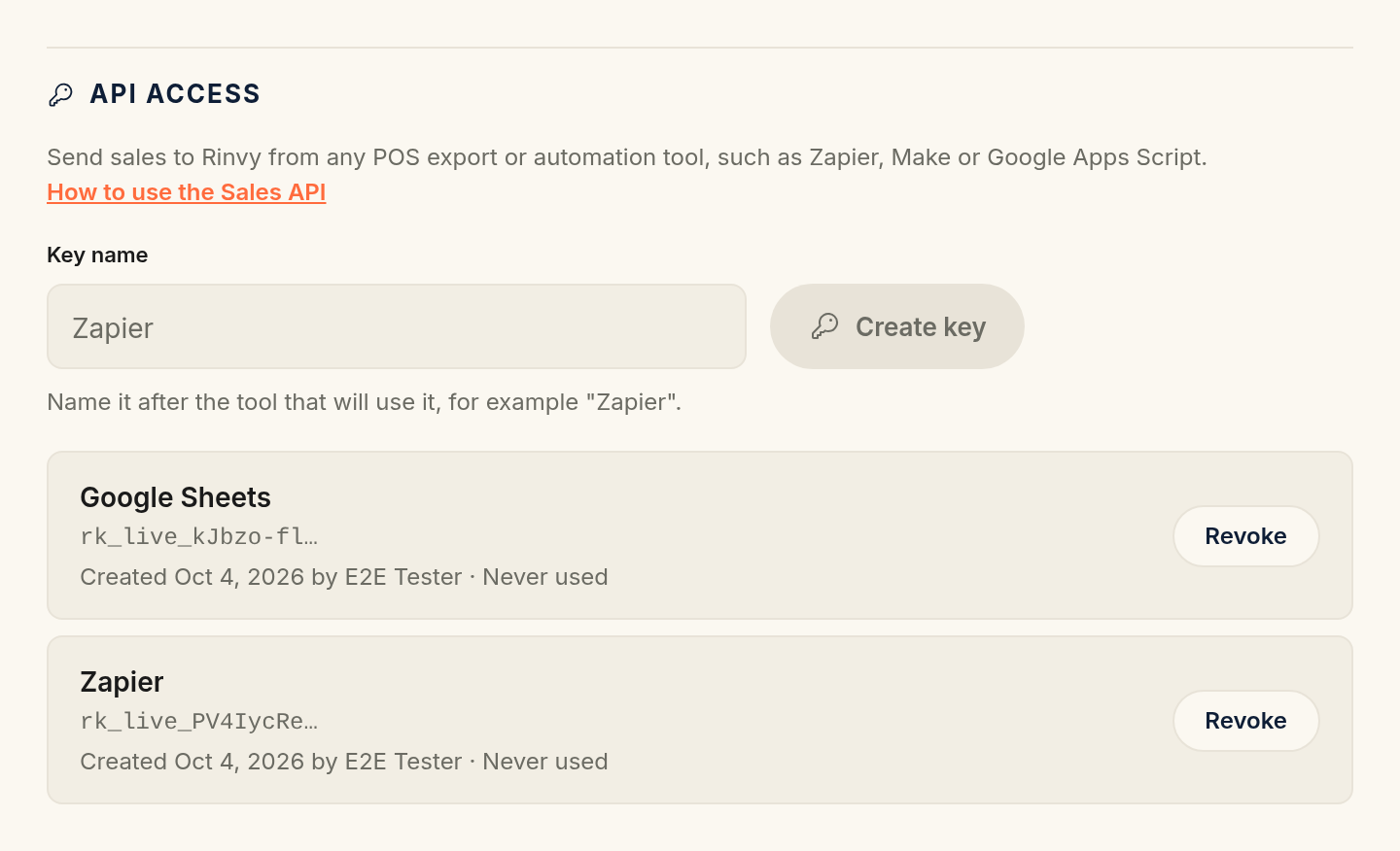 The API access section with the Key name field, the Create key button, and two keys in the list, each with its creation date, last use and a Revoke button