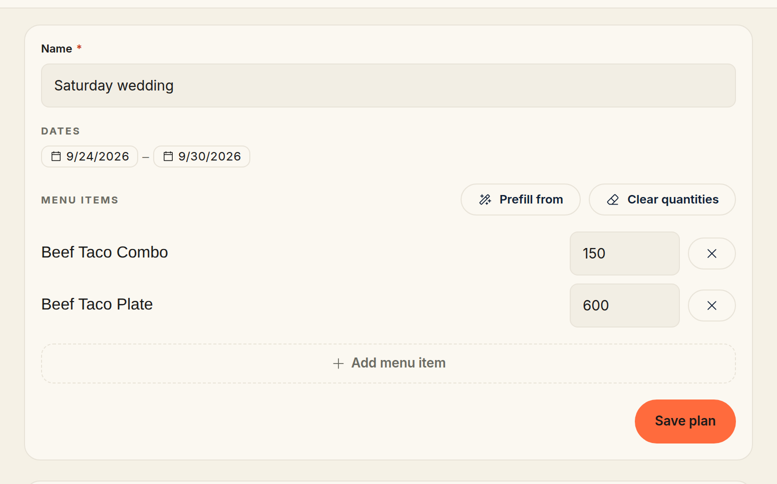 The new plan form with a name, a date range, and two menu items, each with an expected total for the range