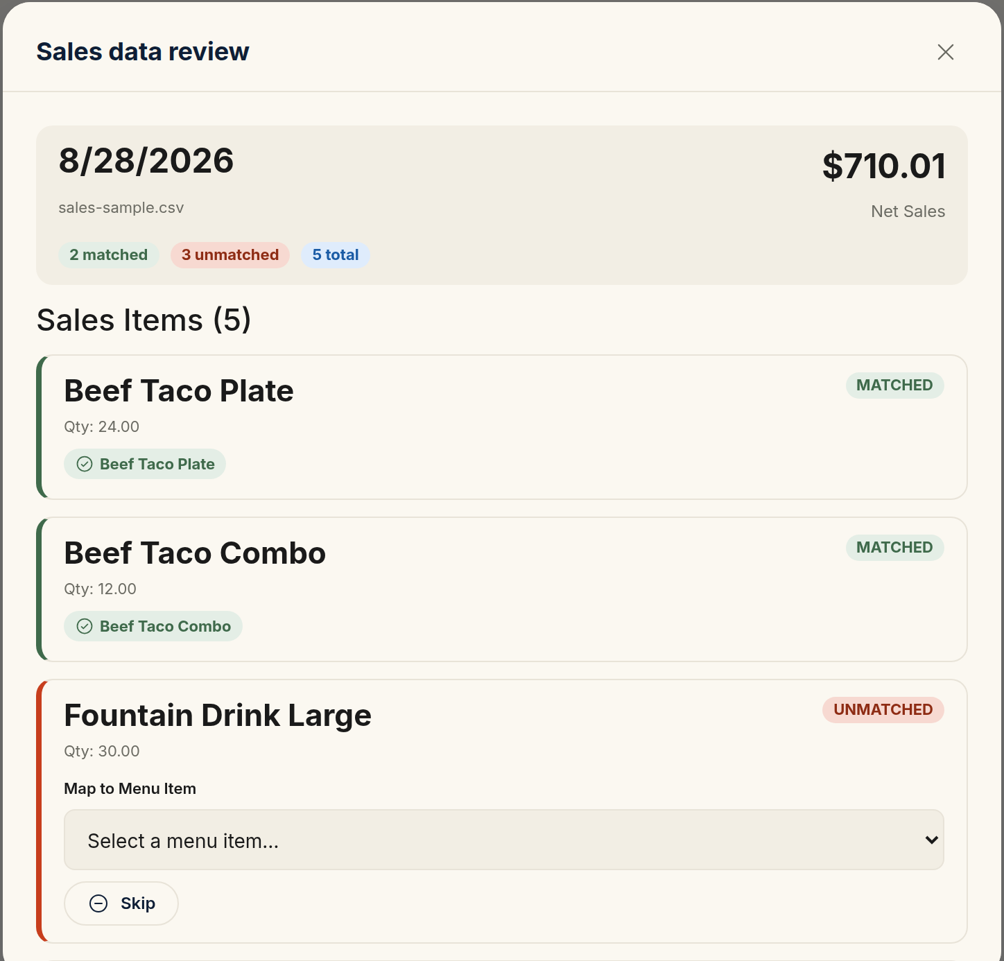 The Sales data review screen: two lines with green Matched badges, an unmatched line with a red Unmatched badge, and a Map to Menu Item dropdown to assign it