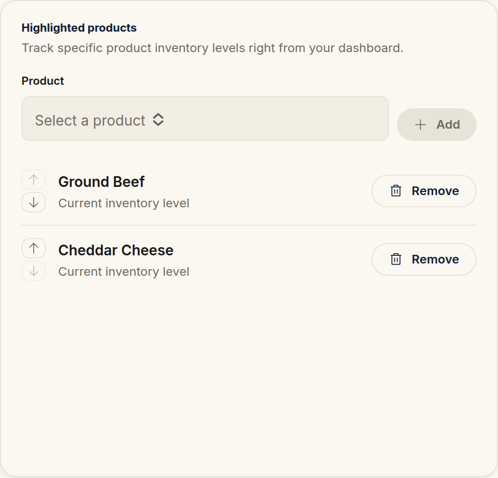 The Highlighted products card with the Product dropdown and Add button, above two pinned products each with up and down reorder arrows and a Remove button