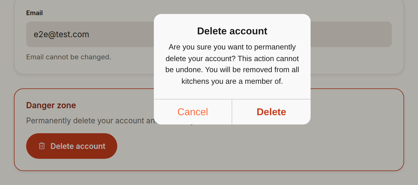 The Delete account message open over the Danger zone card on the Profile page, with Cancel and Delete buttons