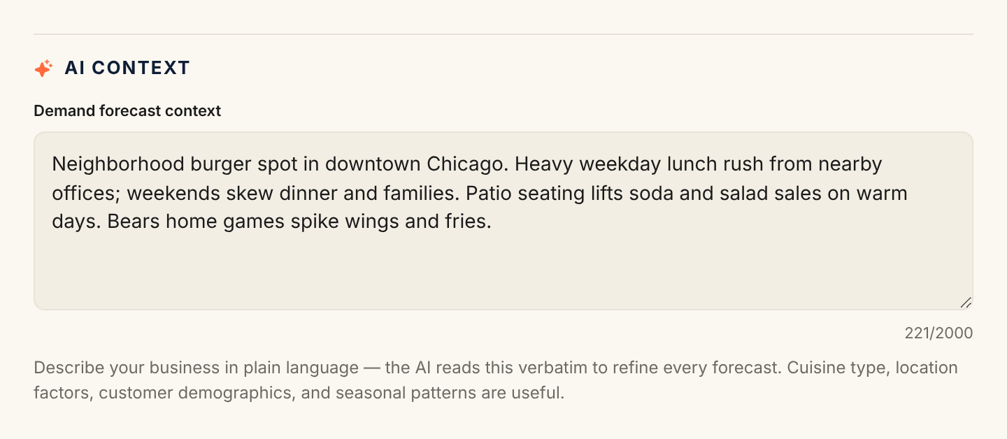 The AI context block in Kitchen settings: the Demand forecast context field filled with a plain-language description of the restaurant, with a character counter below it